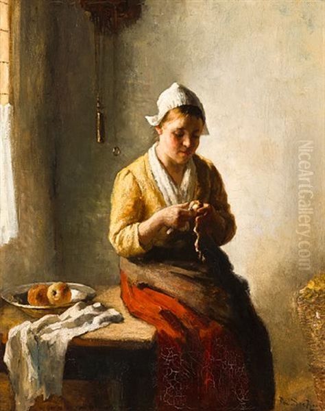 A Girl Peeling Apples Oil Painting by Bernard Johann De Hoog