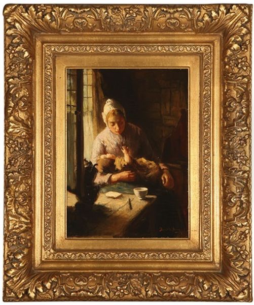 Woman And Child In A Dutch Interior Oil Painting by Bernard Johann De Hoog