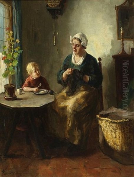 Mother Darning Oil Painting by Bernard Johann De Hoog