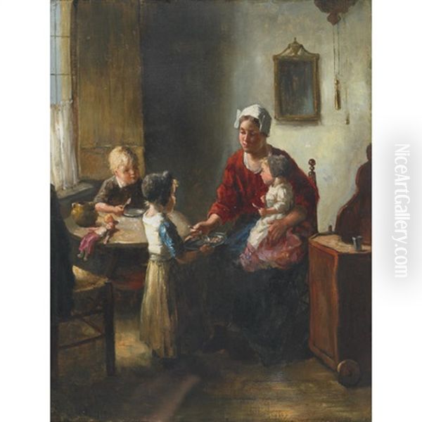 Helping Mother Feed Younger Sister Oil Painting by Bernard Johann De Hoog