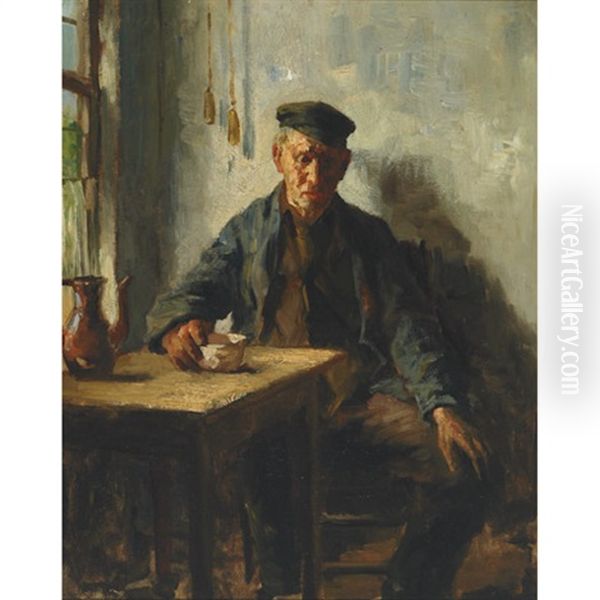 A Mid Day Prayer (+ Old Peasant Resting In A Kitchen; 2 Works) Oil Painting by Bernard Johann De Hoog