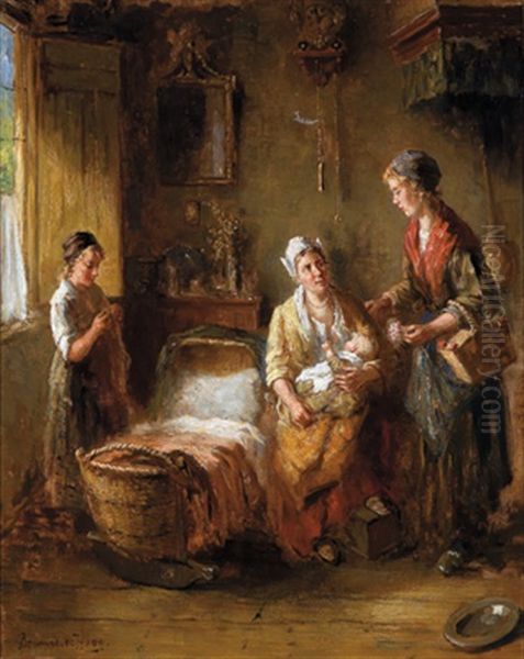 Hollandisches Interieur Mit Einer Frau Und Einem Jungen Madchen, Die Eine Wochnerin Besuchen Oil Painting by Bernard Johann De Hoog
