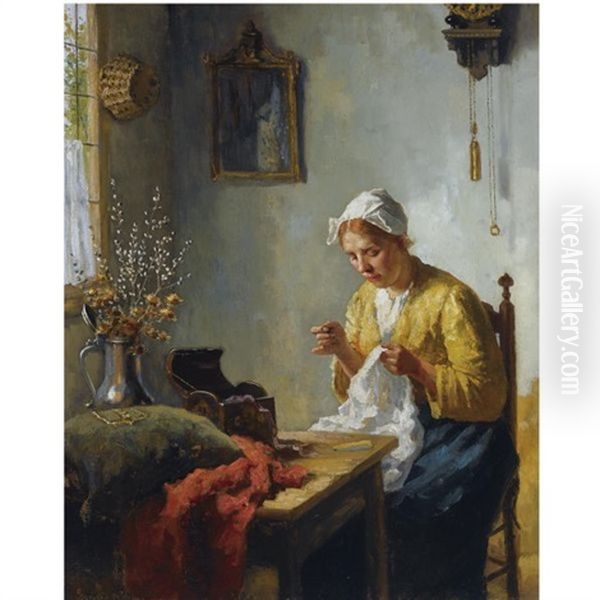 Doing Needlework By The Window Oil Painting by Bernard Johann De Hoog