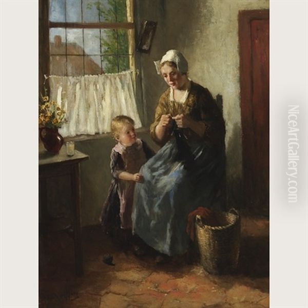 The Knitting Lesson Oil Painting by Bernard Johann De Hoog