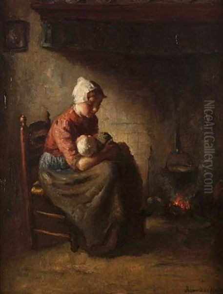 Mother And Child Beside The Fire Oil Painting by Bernard Johann De Hoog