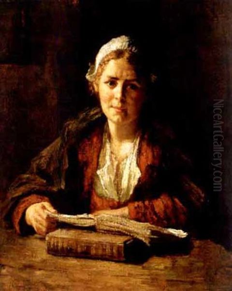 Pretty Dutch Girl Reading Oil Painting by Bernard Johann De Hoog