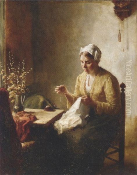 A Woman Sewing In An Interior Oil Painting by Bernard Johann De Hoog