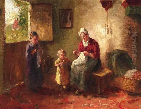 Mutter Mit Zwei Kleinkindern In Der Bauernkate Oil Painting by Bernard Johann De Hoog