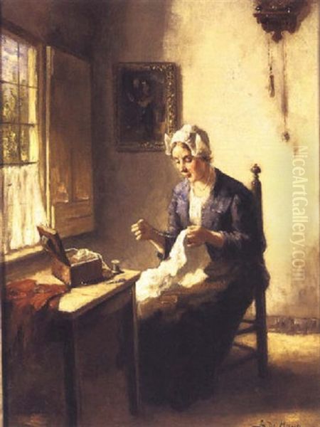 A Lady Sewing In An Interior Oil Painting by Bernard Johann De Hoog