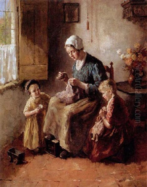 Mother With Children In An Interior Oil Painting by Bernard Johann De Hoog