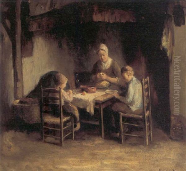 Interior Med Mor Og Born Ved Middagsbordet Oil Painting by Bernard Johann De Hoog