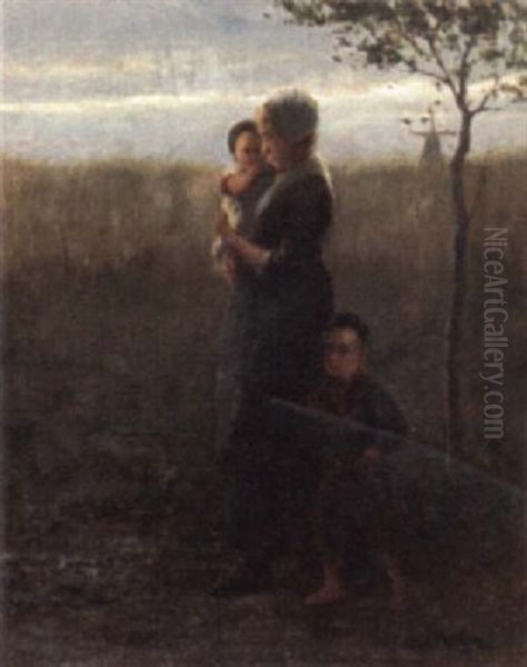 Mother And Children On Country Lane Oil Painting by Bernard Johann De Hoog