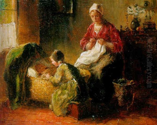 A Cottage Interior With A Mother, Child And Baby Oil Painting by Bernard Johann De Hoog