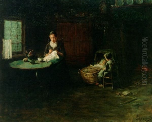 A Family In A Laren Interior Oil Painting by Bernard Johann De Hoog