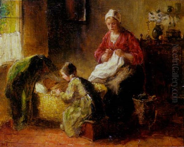 A Cottage Interior With A Mother, Child And A Baby Oil Painting by Bernard Johann De Hoog
