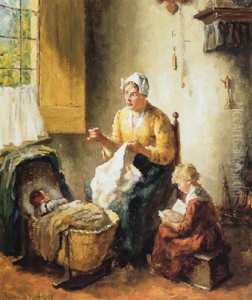 Interieur Met Moeder En Kinderen Oil Painting by Bernard Johann De Hoog