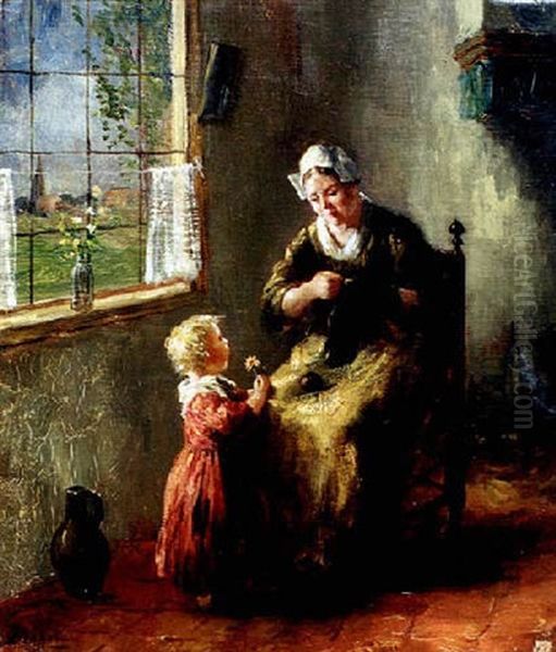 Darning Socks Oil Painting by Bernard Johann De Hoog