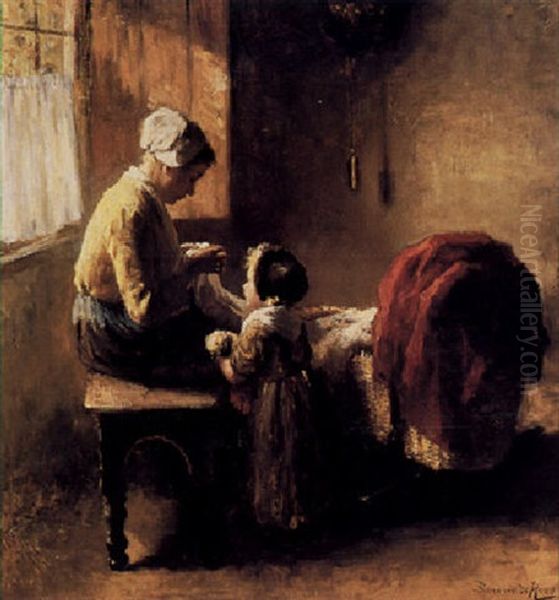 By The Cradle Oil Painting by Bernard Johann De Hoog