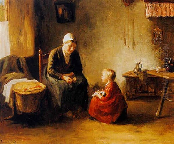 A Mother And Child In An Interior Oil Painting by Bernard Johann De Hoog
