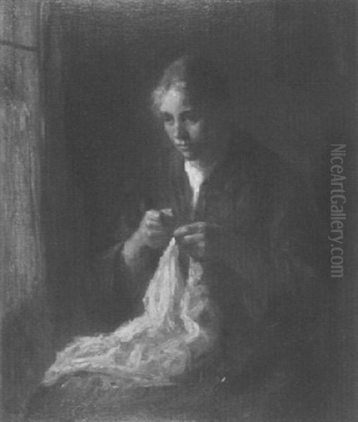 Woman Sewing At A Window Oil Painting by Bernard Johann De Hoog
