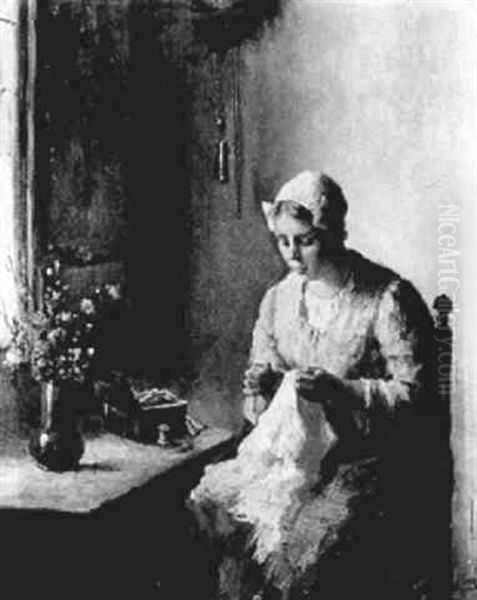 Doing Needlework Oil Painting by Bernard Johann De Hoog
