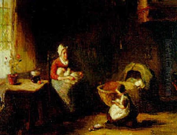 A Mother And Her Children In An Interior Oil Painting by Bernard Johann De Hoog