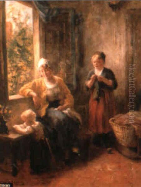 Interior Genre Scene With Mother And Children Oil Painting by Bernard Johann De Hoog