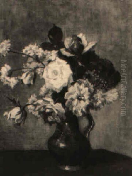 A Still Life With Flowers In A Vase On A Table Oil Painting by Bernard Johann De Hoog