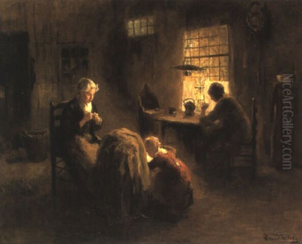 Figures In A Dutch Interior Oil Painting by Bernard Johann De Hoog