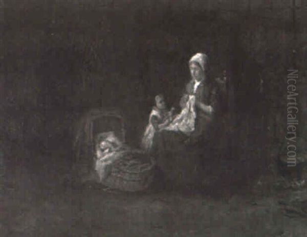 A Mother Sewing With Her Children Oil Painting by Bernard Johann De Hoog