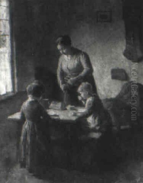 Dutch Mother Slicing Bread At Kitchen Table Oil Painting by Bernard Johann De Hoog