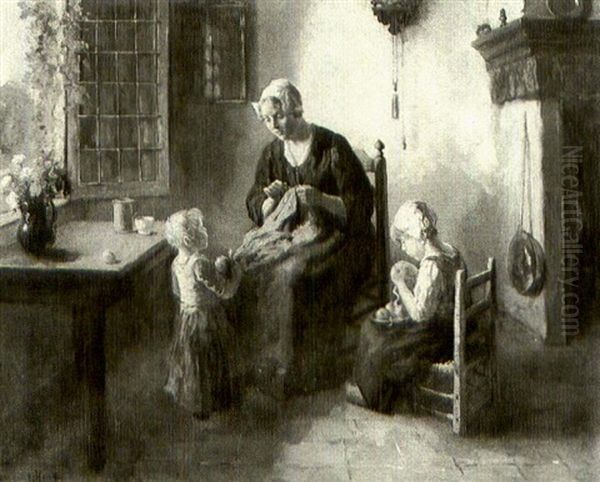 Helping Mother Oil Painting by Bernard Johann De Hoog