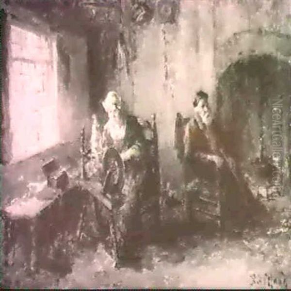 An Interior With A Spinning Woman Oil Painting by Bernard Johann De Hoog