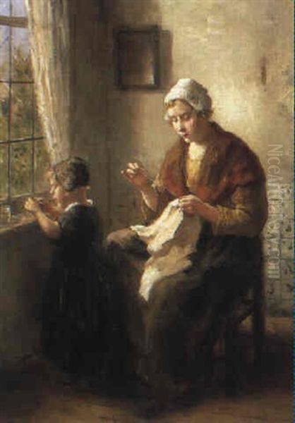 Threading Beads Oil Painting by Bernard Johann De Hoog