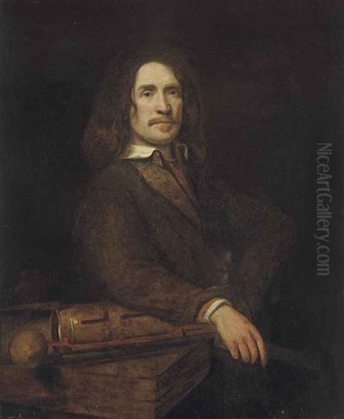 Portrait Of A Gentleman, Possibly Caspar Calthoff (d.1664), Three-quarter-length, In A Brown Coat, His Right Arm Resting On A Water Pump Oil Painting by Samuel Van Hoogstraten