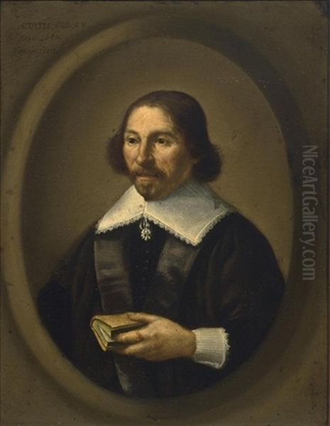 A Portrait Of A Gentleman, Aged 48, Half Length, Wearing A Black Coat With White Lace Cuffs And Collar, Holding A Book, In A Painted Oval Oil Painting by Isaack Jacobsz. van Hooren