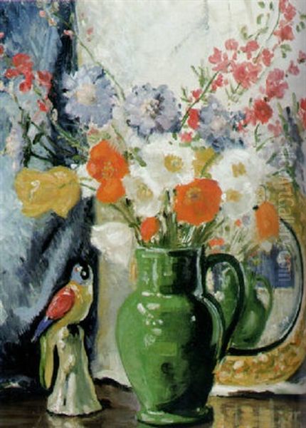 Stilleben Mit Buntem Blumenstraus In Grunem Henkelkrug Oil Painting by Edith A. Hope