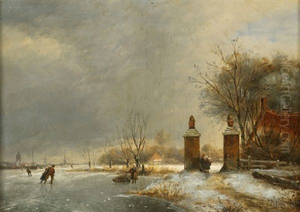 Winter Landscape, With Figure Skating On A River Oil Painting by Johannes Franciscus Hoppenbrouwers