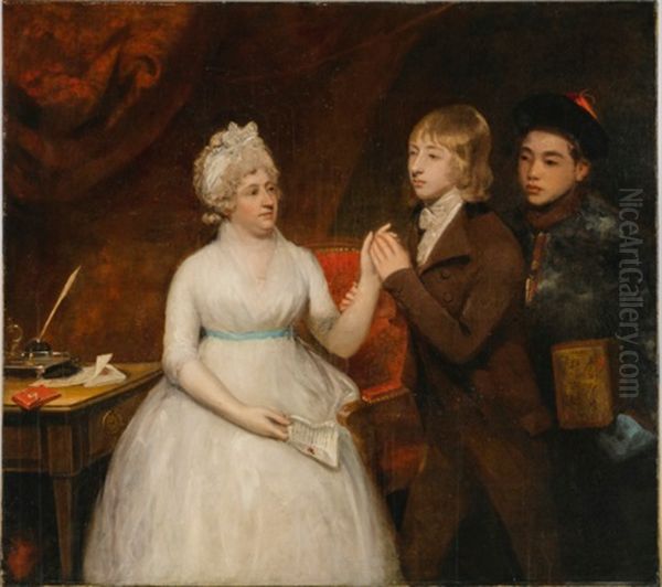 Portrait Of Lady Jane Staunton (d. 1823) With Her Son, Afterwards Sir George Thomas Staunton Bart. (1781-1859), And A Chinese Attendant Holding A Chest Of Tea Oil Painting by Sir John Hoppner