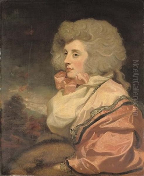 Portrait Of A Lady Seated In A Pink Dress, White Scarf And Pink Neck-tie, With A Fur Muff, In A Landscape Oil Painting by Sir John Hoppner