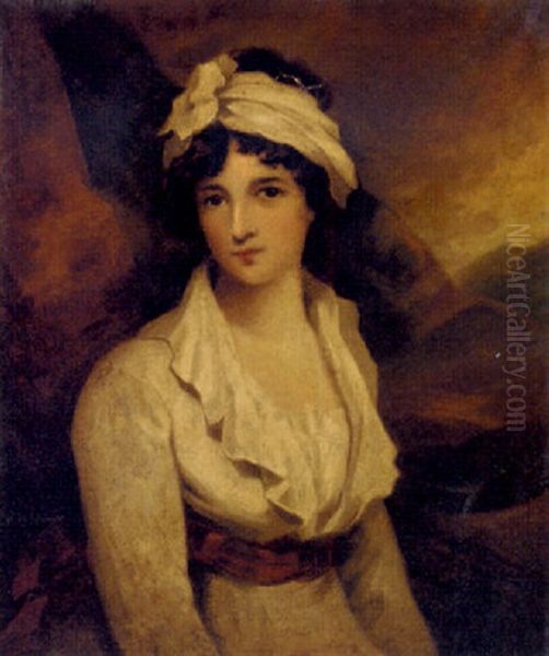 Portrait Of A Young Lady, Seated Three-quarter-length, In A White Dress With A Red Sash In A Landscape Oil Painting by Sir John Hoppner
