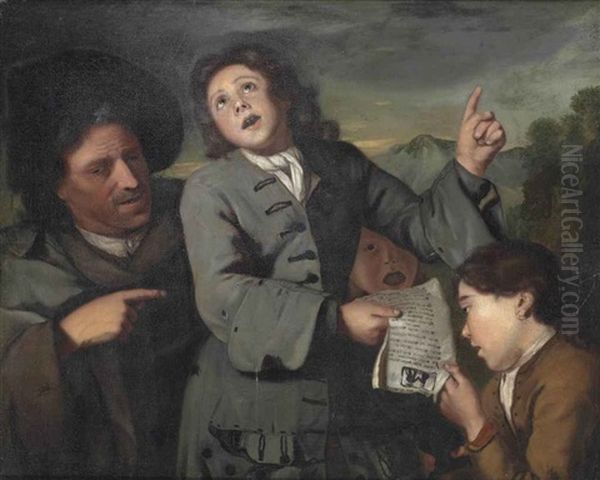 Three Children And A Man Singing In A Wooded Landscape Oil Painting by Jan Josef Horemans the Elder