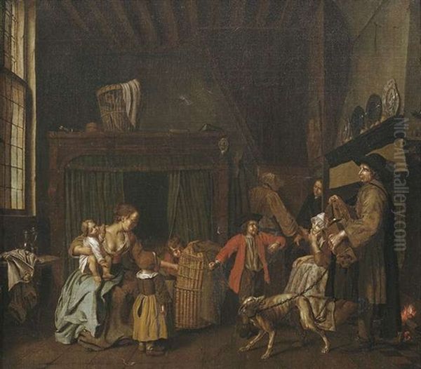 Besuch Eines Drehleierspielers In Einer Burgerlichen Wohnstube Oil Painting by Jan Josef Horemans the Elder