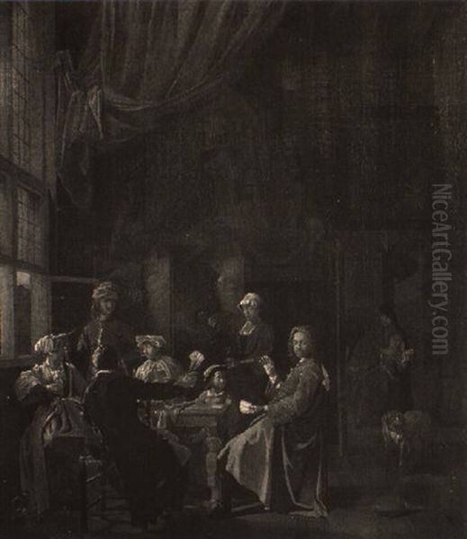 Elegant Figures Playing Cards In An Interior Oil Painting by Jan Josef Horemans the Elder