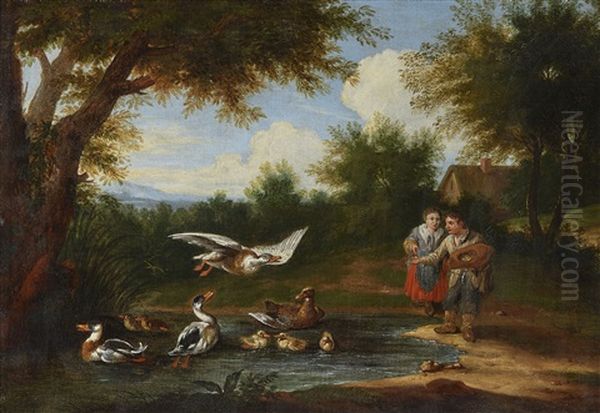Children Feeding Ducks Oil Painting by Jan Josef Horemans the Younger
