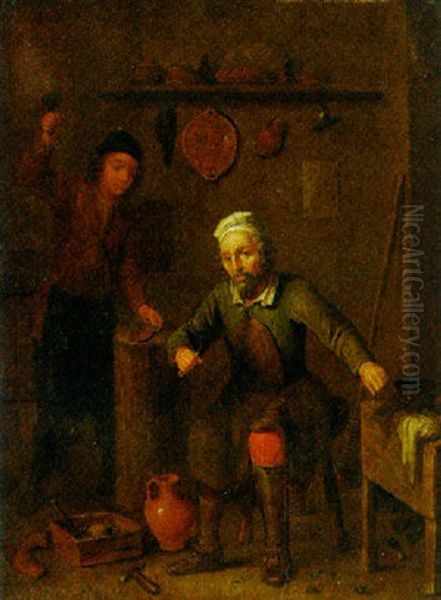 A Cobbler And An Assistant In A Shop Oil Painting by Jan Josef Horemans the Younger