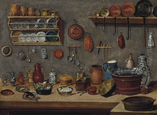 A Loaf Of Bread, Jugs, Vegetables In A Pot And Copper Pans On A Table, With Plates, Pans And Other Utensils On The Wall Oil Painting by Pieter Jacob Horemans