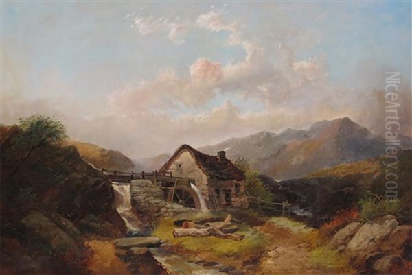Rustics On A Bridge And Cattle By A Lake; A Highland Watermill (2 Works) Oil Painting by Joseph Horlor