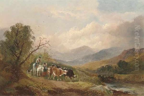 A Drover On Horse Back With His Flock, In A River Landscape Oil Painting by Joseph Horlor