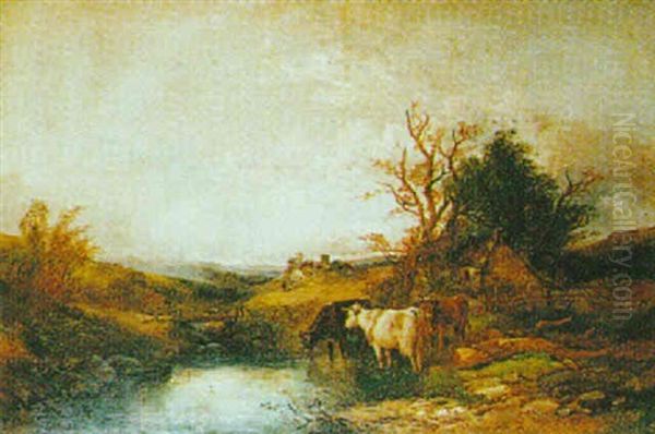 Cattle Watering, An Extensive Landscape Beyond Oil Painting by Joseph Horlor